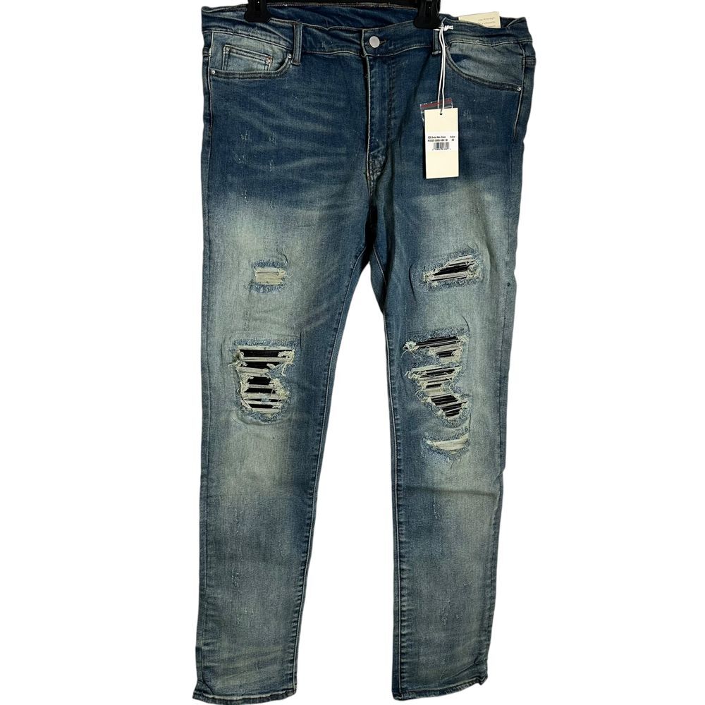 MNML Stretch Moto Denim‎ Jeans Men Size 38 Blue Distressed Ripped Pants NEW
